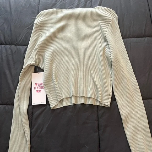 Celebrity Pink Ribbed V-Neck Top in Light Green - Picture 5 of 5